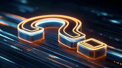 Illuminated three dimensional question mark rests upon luminous digital streams in darkness