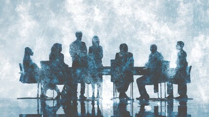 Silhouettes of business people meeting overlaid with abstract network lines.