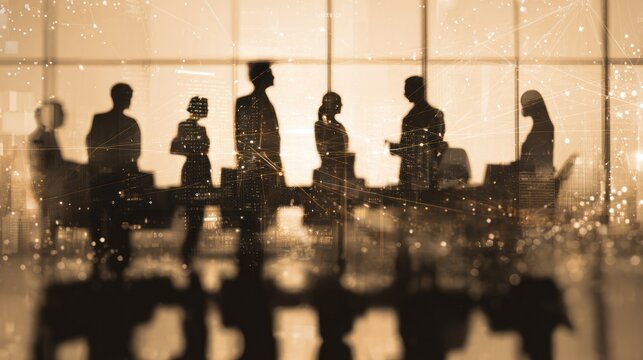 Silhouettes of business people in a meeting with digital overlay. - Powered by Adobe