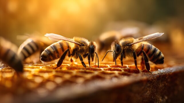 view captures multiple honey insects interacting on a honeycomb structure illuminated by warm sunlight.