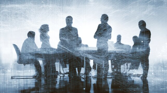Silhouettes of business people meeting with digital overlay effect.