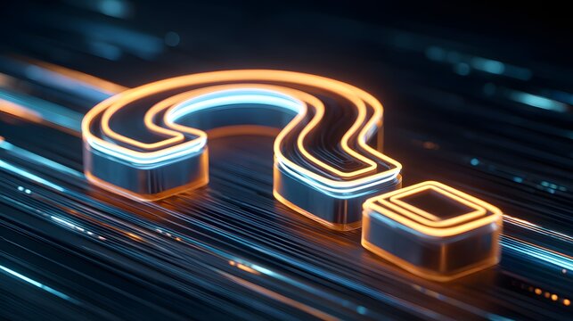 Illuminated three dimensional question mark rests upon luminous digital streams in darkness - Powered by Adobe