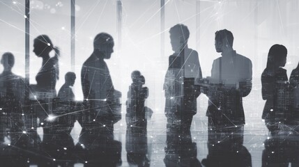 Silhouettes of business people overlaid with city grid and network lines.
