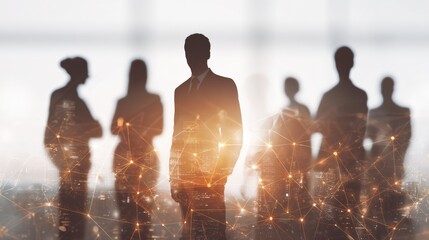 Silhouettes of business people overlaid with city lights and network connections.