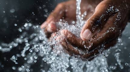 Fototapeta premium Dark-skinned hands cup flowing clear water amidst dynamic splashes