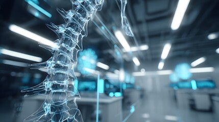 Transparent depiction of spinal column anatomy visualized within a high tech laboratory setting