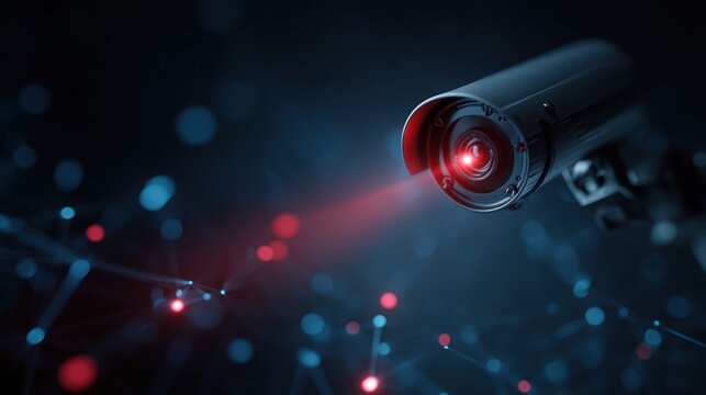 Security camera observes abstract digital network with red light beam.