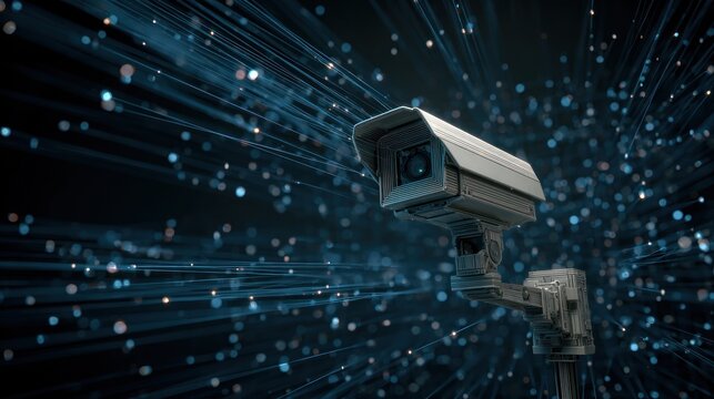 Security camera monitors glowing data streams against a dark background.