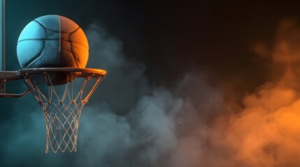 Glowing sports sphere rests momentarily atop a metal hoop surrounded by colorful atmosphere