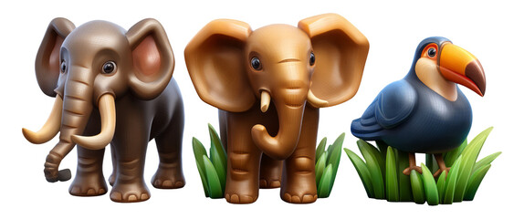 Obraz premium Cute Cartoon Animals with Elephants and Toucan on Isolated Transparent Background