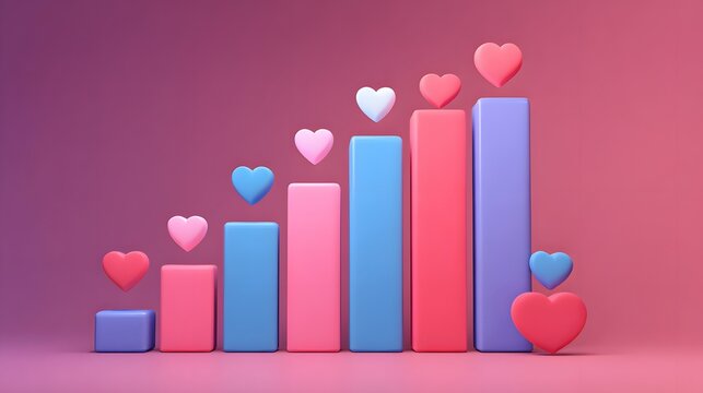 Three dimensional presentation of increasing statistical data represented by colorful vertical bars and floating hearts