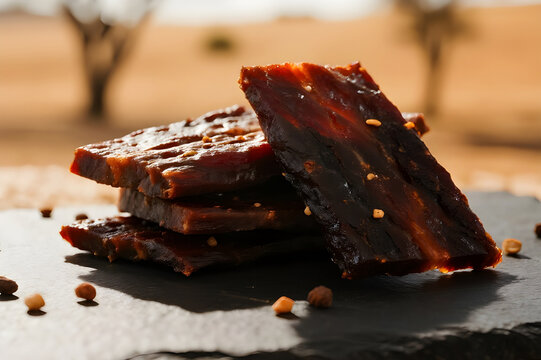 Close-up Mongolian beef jerky slices on stone plate, rich texture, AI-generated