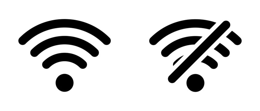 Set of Wi-Fi and no WiFi icons in, Wi-Fi signal: one connected and one crossed out for no internet connection and offline mode. wireless internet, network settings, devices, and technology interface