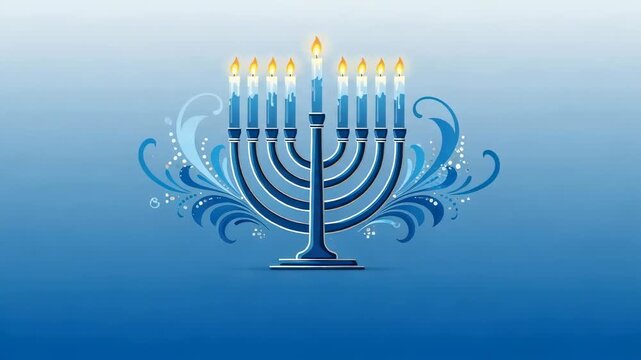 Happy Hanukkah greeting card illustration with menorah and lighted candles on gradient blue background. Jewish holiday celebration.