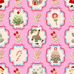 Christmas Seamless Pattern, Pastel Snowman and Santa Ornament Digital Paper, Holiday Sweet