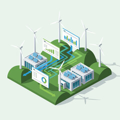 Isometric Green Energy Landscape with Wind Turbines.