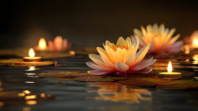 Illuminated water lilies float peacefully among lit devotional candles on a dark water surface
