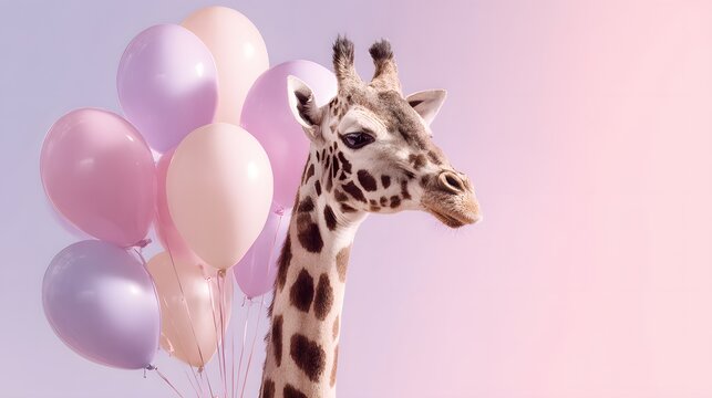 Head of a spotted mammal holding a bouquet of pastel colored spheres