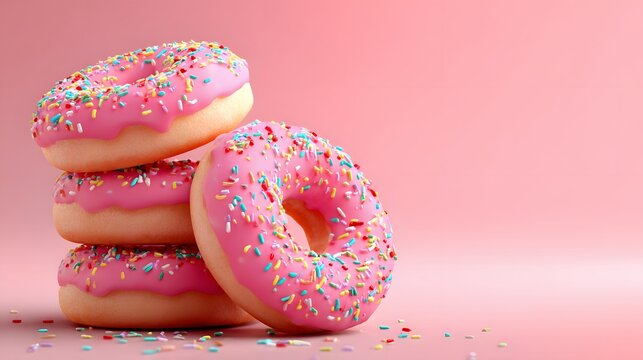 Stacked confectionery items featuring bright pink frosting and multi colored sugary adornments against a soft background - Powered by Adobe
