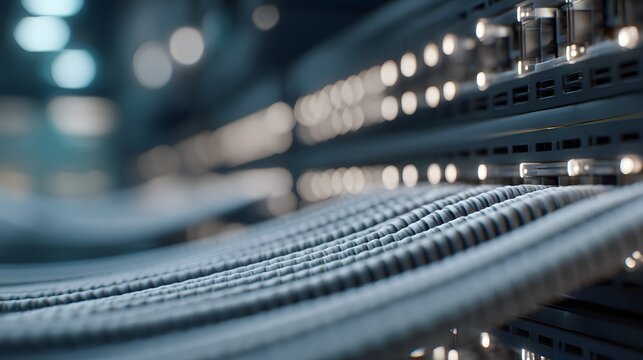 Close up view shows organized data cables connected to electronic equipment with illuminated indicators. - Powered by Adobe