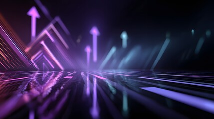 Abstract digital environment displays glowing upward arrows and reflective floor surfaces with dramatic lighting