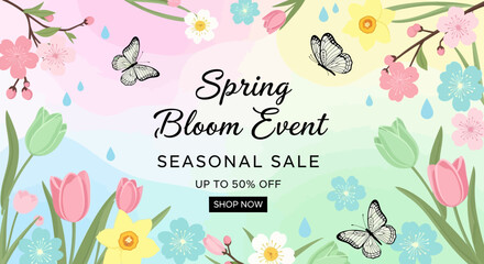 Spring Bloom Event Seasonal Sale banner with flowers and butterflies.