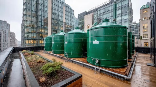 Medium shot of rooftop rainwater harvesting system capturing water during rainfall showcasing gutters and storage tanks on an urban building.