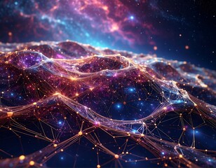 Abstract cosmos art, illuminated network over star-filled space