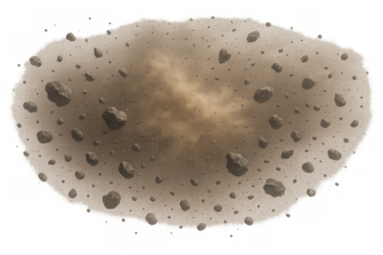 Asteroid belt floating in outer space, composed of various size rocks and cosmic dust. Transparent background