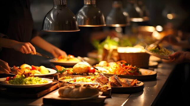 Attendants serve plentiful food selections from a buffet line under warm lighting fixtures