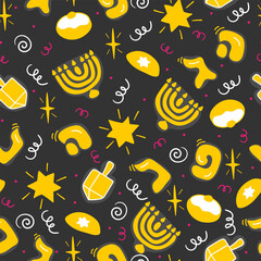 Flat vector jewish Hannukah festival hand drawn seamless pattern including dreidel,donut, hannukiah. Pop art comic style repeating pattern for Hannukah holiday designs