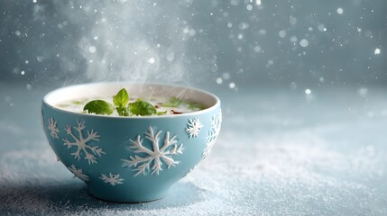 Steaming hot liquid served in a decorative winter themed bowl resting on a snowy surface