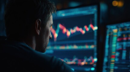 Man looks intently at glowing financial market data on dark screens.