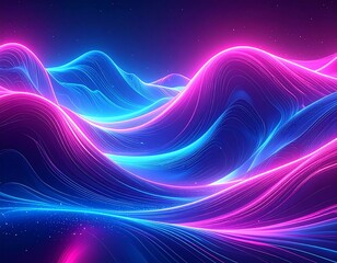 Abstract digital art of glowing neon waves with a starry night sky