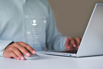 Digital signature verification and secure document authorization process with virtual interface, illustrating e-signature technology, online identity authentication for secure business data management
