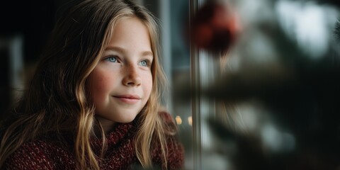 A girl in a red sweater looking out the window beside a softly lit Christmas tree.
