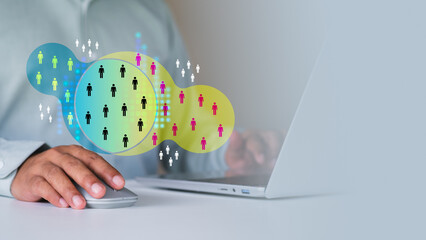 Niche marketing and personalization concept. Marketing segmentation strategy and consumer analysis. Marketer using laptop with venn diagram to analyze target customer data. selecting audience insights