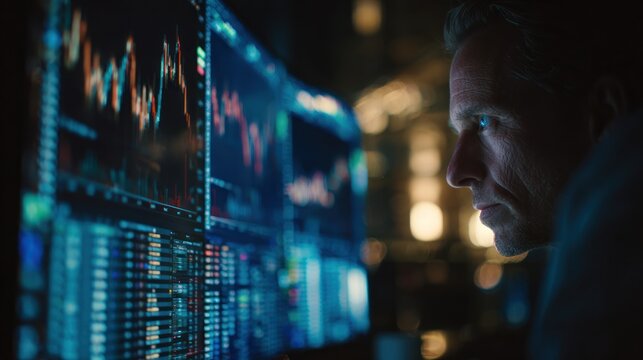 Man intently watches glowing financial data on a dark screen. - Powered by Adobe