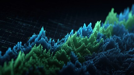 Abstract digital bar graph showing fluctuating blue and green data peaks.