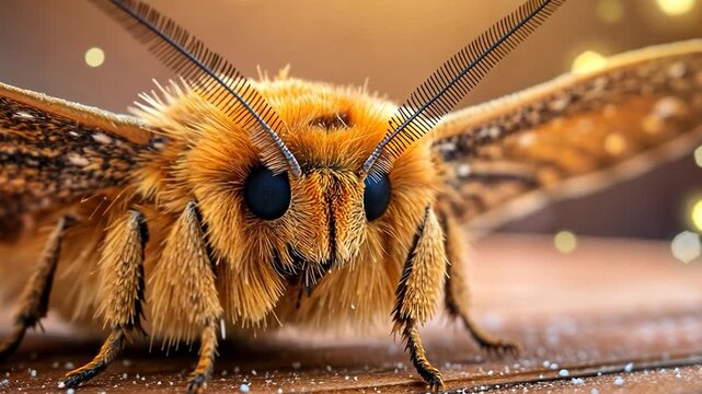 Close-up of a fuzzy moth with intricate wings