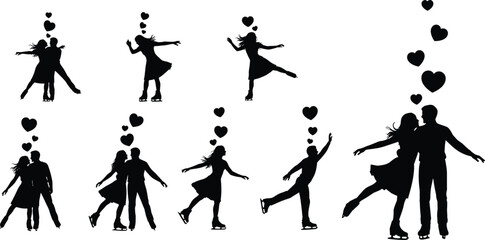 Romantic ice skating silhouettes with hearts, winter sport fun isolated on white background, Vector, illustration