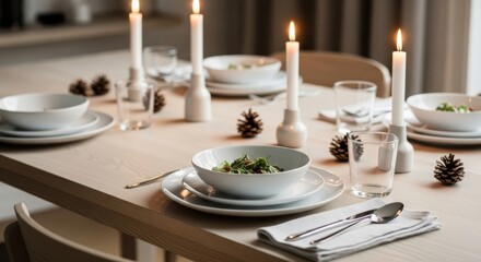 Fototapeta premium Elegant Dining Table Setting with Pinecones and Candles for a Cozy Meal