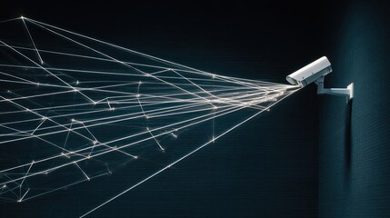 Security camera projecting bright interconnected light beams across dark wall.