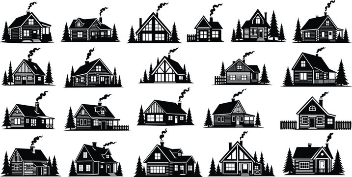 Rustic log cabin and house silhouettes, cozy homes with smoke isolated on white background, Vector, illustration