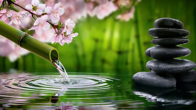 Zen garden with water dripping from bamboo spout into rippling pool