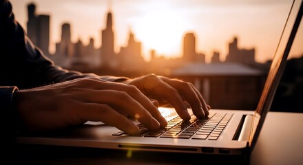 Hands Typing on Laptop at Sunset with City Skyline in Background
