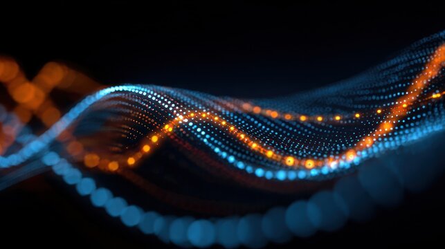 Abstract digital wave pattern of glowing orange and blue light dots. - Powered by Adobe