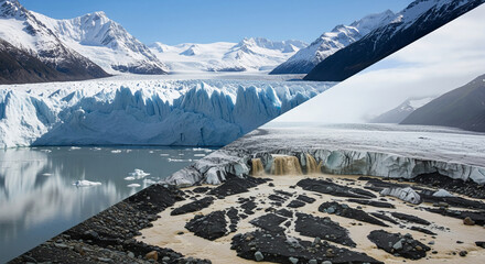 Detailed landscape showing parallel glacier ridges, crevasses, and rocky moraine patterns that reveal the raw texture of a retreating ice field.
