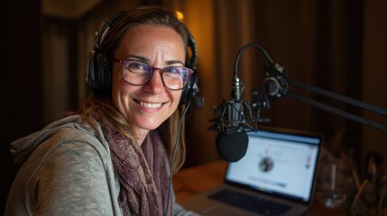 Smiling woman with headphones recording audio near a microphone and laptop.
