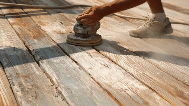 Medium shot of a worker sanding a weathered wooden deck to smooth the surface and prepare for refinishing